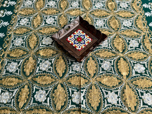 Table Cover: 58 x 58 inches Approx'. Dark Green background with Gold and White Silk Embroidery tablecloth Handmade Aghabani for Square tables