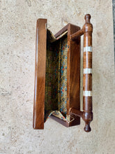 Load image into Gallery viewer, Handcrafted Mother-of-Pearl Inlaid Clutch | Damascene Geometric Star Design | Wooden Handle Evening Bag
