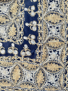 Table Cover: 135 x 78 inches Approx’. Aghabani Oriental for Rectangle Tables, Navy Blue background with Gold & White Silk Embroidery