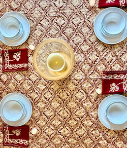 Table Cover: 117 x 75 inches Approx'. Aghabani Oriental for Rectangle Tables, Burgundy background with Gold Silk Embroidery