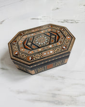 Load image into Gallery viewer, Handcrafted Marquetry Box | Mother of Pearl &amp; Wood Inlay Octagonal Box | Middle Eastern Mosaic Jewelry Box
