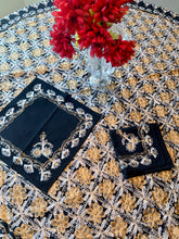 Load image into Gallery viewer, Round Table Cover. Diameter: 78 inches Approx'. Aghabani Oriental for Round Tables. Black background with Gold and White Silk
