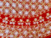 Load image into Gallery viewer, Round Table Cover. Diameter: 78 inches Approx&#39;. Aghabani Oriental for Round Tables. Red background with Gold &amp; White Silk

