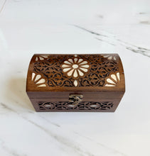 Load image into Gallery viewer, Handcarved Wooden Trunk Box with Mother of Pearl Inlay | Domed Lid Jewelry Chest | Boho Decorative Storage Box
