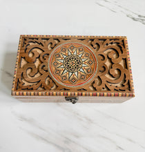 Load image into Gallery viewer, Handmade Marquetry Jewelry Box | Mother-of-Pearl Star Inlay | Wood Mosaic Keepsake Box | Velvet Lined | 9.25 x 5.4 x 3.1 in
