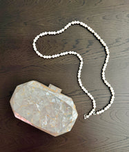 Load image into Gallery viewer, Mother of Pearl Mosaic Clutch with Pearl Beaded Chain Strap
