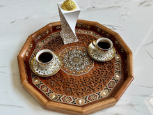 Load image into Gallery viewer, Wooden Mosaic Tray inlaid with Mother of Pearl. L 16.5 in W 16.5 in.
