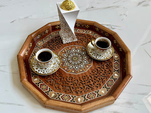Wooden Mosaic Tray inlaid with Mother of Pearl. L 16.5 in W 16.5 in.