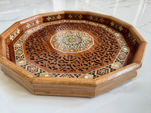 Load image into Gallery viewer, Wooden Mosaic Tray inlaid with Mother of Pearl. L 16.5 in W 16.5 in.
