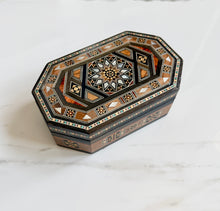 Load image into Gallery viewer, Handcrafted Marquetry Box | Mother of Pearl &amp; Wood Inlay Octagonal Box | Middle Eastern Mosaic Jewelry Box

