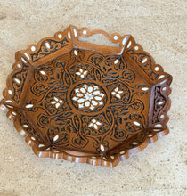 Load image into Gallery viewer, Handcrafted Wooden Tray with Mother-of-Pearl Inlay | Octagonal Serving Tray with Handles | Middle Eastern Damascene Style
