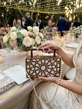 Load image into Gallery viewer, Handcrafted Mother-of-Pearl Inlaid Clutch | Damascene Geometric Star Design | Wooden Handle Evening Bag
