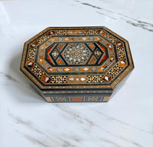 Load image into Gallery viewer, Handcrafted Marquetry Box | Mother of Pearl &amp; Wood Inlay Octagonal Box | Middle Eastern Mosaic Jewelry Box
