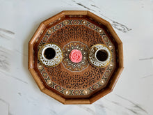 Load image into Gallery viewer, Wooden Mosaic Tray inlaid with Mother of Pearl. L 16.5 in W 16.5 in.
