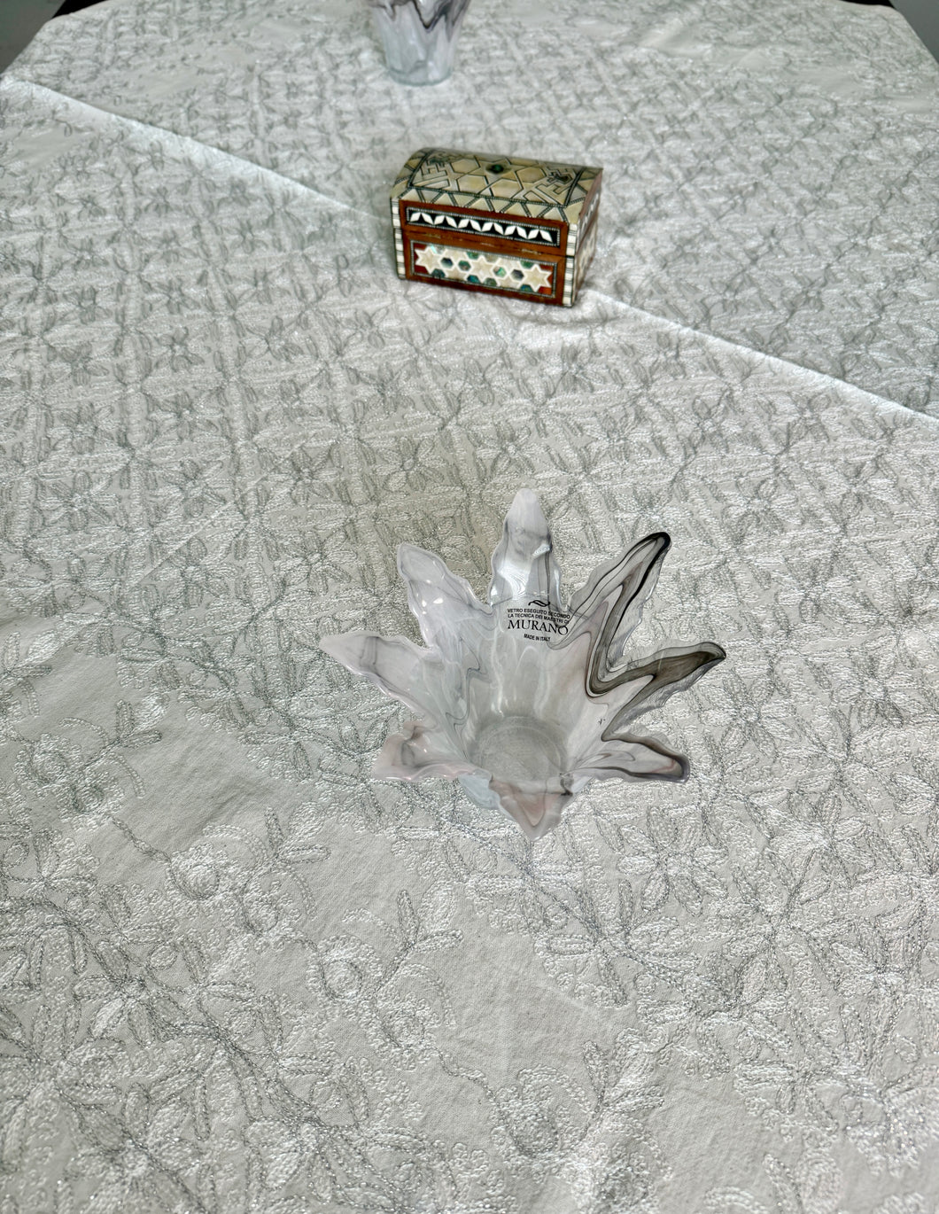 Table Cover: 57 x 57 inches Approx'. Aghabani Oriental for Square Tables. Beige background with White and Silver Silk