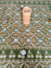 Load image into Gallery viewer, Table Cover: 58 x 58 inches Approx&#39;. Olive Green background with Gold and White Silk Embroidery tablecloth Handmade Aghabani for Square tables
