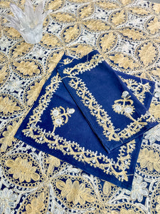 Table Cover: 135 x 78 inches Approx’. Aghabani Oriental for Rectangle Tables, Navy Blue background with Gold & White Silk Embroidery