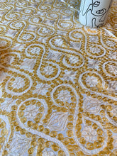 Load image into Gallery viewer, Round Table Cover. Diameter: 78 inches Approx'. Aghabani Oriental for Round Tables. White background with Gold &amp; White Silk
