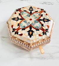 Load image into Gallery viewer, Octagonal Mother of Pearl Jewelry Box, Handmade Inlaid Wood Trinket Box, Abalone Mosaic Keepsake Box, Gift for Her
