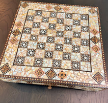 Load image into Gallery viewer, Mother-of-Pearl Mosaic Chess Set with Storage Drawer | Handcrafted Inlaid Wood Chessboard &amp; Carved Chess Pieces | Middle Eastern Marquetry
