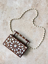 Load image into Gallery viewer, Handcrafted Mother-of-Pearl Inlaid Clutch | Damascene Geometric Star Design | Wooden Handle Evening Bag
