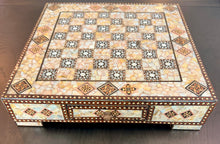 Load image into Gallery viewer, Mother-of-Pearl Mosaic Chess Set with Storage Drawer | Handcrafted Inlaid Wood Chessboard &amp; Carved Chess Pieces | Middle Eastern Marquetry
