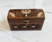 Load image into Gallery viewer, Handcarved Wooden Trunk Box with Mother of Pearl Inlay | Domed Lid Jewelry Chest | Boho Decorative Storage Box
