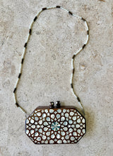 Load image into Gallery viewer, Handmade Mother-of-Pearl Mosaic Clutch Bag | Wooden Geometric Star Inlay Purse | Beaded Pearl Chain Strap
