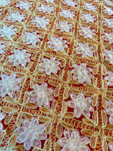 Load image into Gallery viewer, Round Table Cover. Diameter: 78 inches Approx'. Aghabani Oriental for Round Tables. Red background with Gold &amp; White Silk
