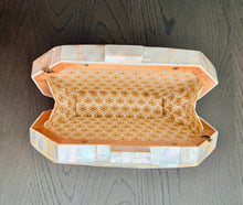 Load image into Gallery viewer, Mother of Pearl Mosaic Clutch with Pearl Beaded Chain Strap
