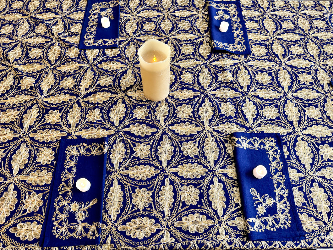 Table Cover: 156 x 78 inches Approx’. Aghabani Oriental for Rectangle Tables, Navy Blue background with Gold Silk Embroidery