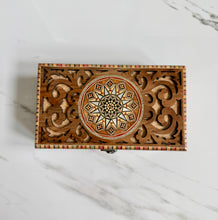 Load image into Gallery viewer, Handmade Marquetry Jewelry Box | Mother-of-Pearl Star Inlay | Wood Mosaic Keepsake Box | Velvet Lined | 9.25 x 5.4 x 3.1 in
