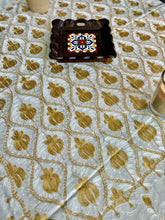 Load image into Gallery viewer, Table Cover: 57 x 57 inches Approx&#39;. Aghabani Oriental for Square Tables. Beige background with White and Gold Silk

