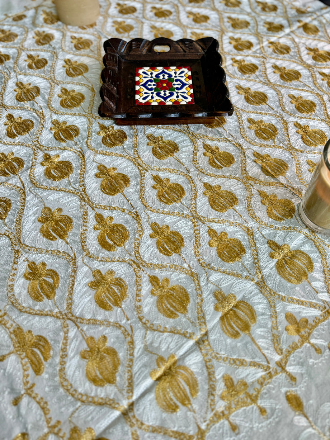Table Cover: 57 x 57 inches Approx'. Aghabani Oriental for Square Tables. Beige background with White and Gold Silk