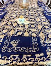 Load image into Gallery viewer, Navy Blue &amp; Gold Embroidered Tablecloth Set – Elegant Floral Design | 94” x 59” | Set of 12 Napkins

