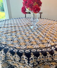 Load image into Gallery viewer, Round Table Cover. Diameter: 78 inches Approx'. Aghabani Oriental for Round Tables. Black background with Gold and White Silk
