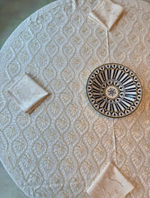Load image into Gallery viewer, Round Table Cover. Diameter: 78 inches Approx'. Aghabani Oriental for Round Tables. Off White background with Gold &amp; White Silk
