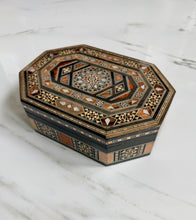 Load image into Gallery viewer, Handcrafted Marquetry Box | Mother of Pearl &amp; Wood Inlay Octagonal Box | Middle Eastern Mosaic Jewelry Box

