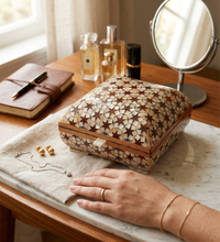 Load image into Gallery viewer, Vintage Khatam Mosaic Inlay Box | Micro-Mosaic Marquetry Jewelry Box | Star &amp; Diamond Pattern | 6.1 x 6.1 x 3.5”
