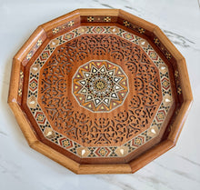 Load image into Gallery viewer, Wooden Mosaic Tray inlaid with Mother of Pearl. L 16.5 in W 16.5 in.
