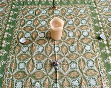 Load image into Gallery viewer, Table Cover: 58 x 58 inches Approx&#39;. Olive Green background with Gold and White Silk Embroidery tablecloth Handmade Aghabani for Square tables
