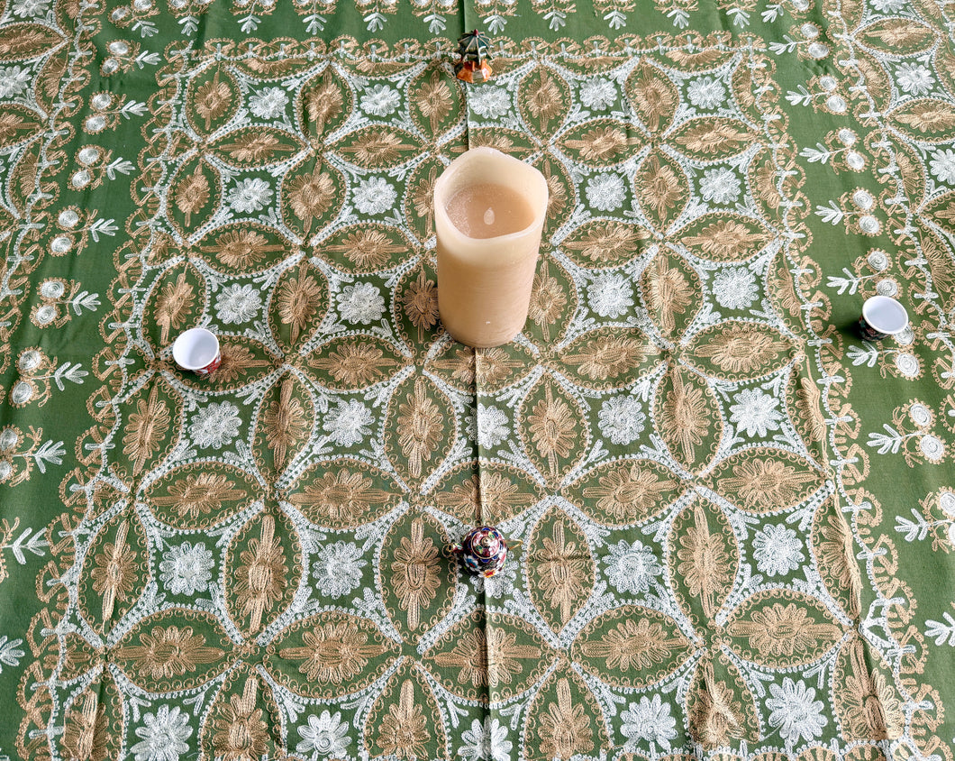 Table Cover: 58 x 58 inches Approx'. Olive Green background with Gold and White Silk Embroidery tablecloth Handmade Aghabani for Square tables