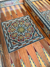 Load image into Gallery viewer, Handmade Mosaic Backgammon Set – Inlaid Walnut Wood &amp; Mother-of-Pearl Game Board
