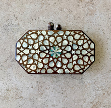Load image into Gallery viewer, Handmade Mother-of-Pearl Mosaic Clutch Bag | Wooden Geometric Star Inlay Purse | Beaded Pearl Chain Strap
