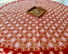 Load image into Gallery viewer, Round Table Cover. Diameter: 78 inches Approx&#39;. Aghabani Oriental for Round Tables. Red background with Gold &amp; White Silk
