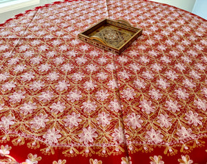 Round Table Cover. Diameter: 78 inches Approx'. Aghabani Oriental for Round Tables. Red background with Gold & White Silk