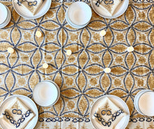 Load image into Gallery viewer, Table Cover: 117 x 58 inches Approx&#39;. Aghabani Oriental for Rectangle Tables, Beige background with Gold and Navy Blue Silk Embroidery
