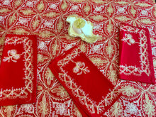 Load image into Gallery viewer, Table Cover: 177 x 74 inches Approx’. Aghabani Oriental for Rectangle Tables, Red background with Gold &amp; White Silk Embroidery
