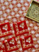 Load image into Gallery viewer, Round Table Cover. Diameter: 78 inches Approx&#39;. Aghabani Oriental for Round Tables. Red background with Gold &amp; White Silk

