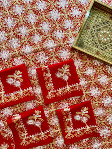 Round Table Cover. Diameter: 78 inches Approx'. Aghabani Oriental for Round Tables. Red background with Gold & White Silk